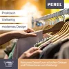 A close-up shot of a clothing rack with clothes on hangers, with hands reaching for the clothes. Text overlays highlight product features and branding. Produktbild-Vorschau
