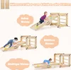 A collage of images showing a wooden climbing set for children in different configurations and heights, with children playing on it. Podgląd zdjęcia produktu
