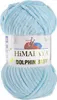 A ball of light blue yarn with a label. Produktbild-Vorschau