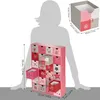 A person's silhouette is shown next to a pink advent calendar with 24 drawers, with dimensions indicated. A separate, smaller box with dimensions is shown in the upper right corner. Náhled obrázku produktu