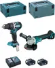 A collage of Makita power tools and accessories, including two storage cases, a drill, an angle grinder, a charger, and two batteries. Produktbild-Vorschau