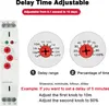 An instructional graphic showing a delay timer relay and its adjustment knobs, along with text explaining its features and usage. Voir les images du produit