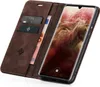 A brown leather flip case for a smartphone, open to reveal the phone screen and card slots. Produktbild-Vorschau