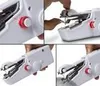 A collage of four images showing a white handheld sewing machine with red accents, demonstrating its use and features. Náhled obrázku produktu