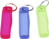 Three transparent plastic keychains in different colors (pink, blue, green) on a white background. Produktbild-Vorschau