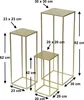 Three gold metal pedestals of varying heights are displayed on a white background, with dimensions indicated by text overlays. Náhled obrázku produktu