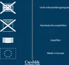 Product care and origin information with icons and text on a dark blue background. Náhľad obrázku produktu