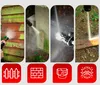 Collage of four images showing a pressure washer being used to clean different surfaces, with icons below. Náhled obrázku produktu