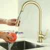 A person is washing an apple under a gold kitchen faucet. Produktbild-Vorschau