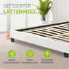 A white bed frame with a slatted base, featuring informational icons and text. Náhled obrázku produktu