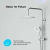 A modern shower system with a rain shower head and a handheld shower head, presented against a plain background with marketing text. Produktbild-Vorschau