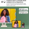 A marketing image showing a woman on a monitor, tablet, and phone, with text describing content sharing features. Produktbild-Vorschau