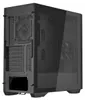 A black computer case with a glass side panel, shown from a three-quarter rear view. Produktbild-Vorschau