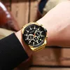 A close-up shot of a man's wrist wearing a gold and black watch. Produktbild-Vorschau