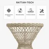 A close-up of a rattan table with marketing icons and text above it. Produktbild-Vorschau
