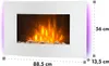 A white electric fireplace with a realistic flame effect and decorative stones at the base. Dimensions are indicated with dashed lines and text labels. Náhled obrázku produktu