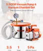 A vacuum pump and chamber set is displayed on a light gray and white background, with text overlay highlighting its features. Produktbild-Vorschau