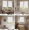 A collage of four images showing different rooms with white roller blinds installed. Produktbild-Vorschau