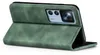 A green flip case for a smartphone is shown open, revealing the phone's camera module. Produktbild-Vorschau