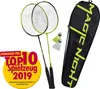 A badminton set with two rackets, two shuttlecocks, and a carrying bag, along with a promotional badge. Produktbild-Vorschau