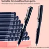 A stack of black ink cartridges for fountain pens and two individual fountain pens are displayed against a pink background. Text overlays provide product information. Náhľad obrázku produktu