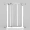 A white baby gate with vertical bars and a gray latch mechanism is shown against a plain light gray background. Voir les images du produit