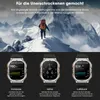 A person hiking on a snowy mountain, with three smartwatches displayed below showing different features. Produktbild-Vorschau