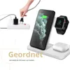 A person is plugging a power adapter into a power strip, while a white wireless charging stand with an iPhone, Apple Watch, and AirPods is displayed prominently. Produktbild-Vorschau