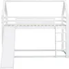 A white wooden bunk bed with a slide and ladder, shown from the front against a white background. Produktbild-Vorschau