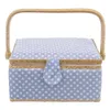A sewing basket with a blue and white polka dot pattern and a straw handle. Anteprima dell’immagine prodotto