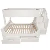 A white bunk bed with stairs and drawers, shown from the front. Náhled obrázku produktu