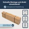 A bundle of wooden slats tied together, with marketing icons and text overlays. Produktbild-Vorschau
