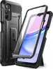 A black protective phone case with a built-in stand and a transparent screen protector is shown, with a smartphone partially inserted into the case. Náhľad obrázku produktu