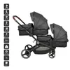 A side view of a black twin stroller with informational icons on the left. Produktbild-Vorschau