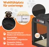 A marketing image for a pet carrier, showing features and a pug. Produktbild-Vorschau