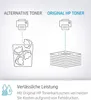 Comparison of alternative toner and original HP toner, showing waste with alternative and printed pages with original. Náhled obrázku produktu