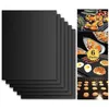 A collage showing a stack of black grill mats on the left and various food items being grilled on the right. Produktbild-Vorschau