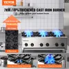 A commercial gas stove with six burners, shown in a kitchen setting with flames on the burners. Voir les images du produit