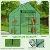 A green greenhouse with shelves and plants inside, set in a garden. Below the greenhouse are two inset images showing how to secure the greenhouse. Voir les images du produit