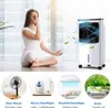 A woman meditating next to an air cooler, with smaller inset images showing different modes of operation. Produktbild-Vorschau