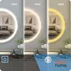 A split image showing a round LED mirror with different light color temperatures (6000K, 4500K, 3000K) in a bathroom setting. The bottom part shows icons and a logo. Podgląd zdjęcia produktu