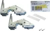 Two metal hinges are displayed on a white background, along with a label and some small accessories. Produktbild-Vorschau