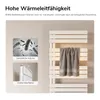 A white towel rack with a towel hanging on it, next to informational graphics about heat conductivity and surface area. Produktbild-Vorschau
