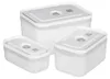 Three white plastic food storage containers of different sizes are arranged on a white background. Produktbild-Vorschau
