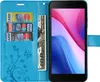 A blue flip case for a smartphone, showing credit cards and cash inside. Produktbild-Vorschau