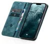 A teal flip case for an iPhone 13, open to reveal card slots and the phone screen. Produktbild-Vorschau