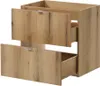 A close-up view of a wooden vanity cabinet with two drawers, one partially open. Produktbild-Vorschau