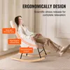 A woman is relaxing in a rocking chair, with text overlays highlighting the chair's ergonomic features. Podgląd zdjęcia produktu