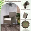 A rattan garden chair with a white cushion is shown on a wooden deck, with decorative plants and a concrete wall in the background. The image also includes close-up diagrams highlighting the chair's features. Podgląd zdjęcia produktu