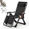 A woman is sitting on a black recliner chair, holding a tablet. The chair is shown in a reclined position, with a small side table holding drinks. There are inset images showing the chair's adjustability and a folded state. Produktbild-Vorschau